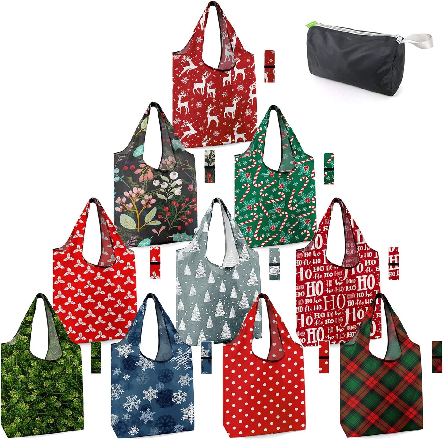 Christmas Reusable Grocery Bags with Zipper Storage Pouch 10 Pack Reusable Shopping Bags Bulk with Elastic Band Foldable-Machine Washable Christmas Gifts Tote Bags