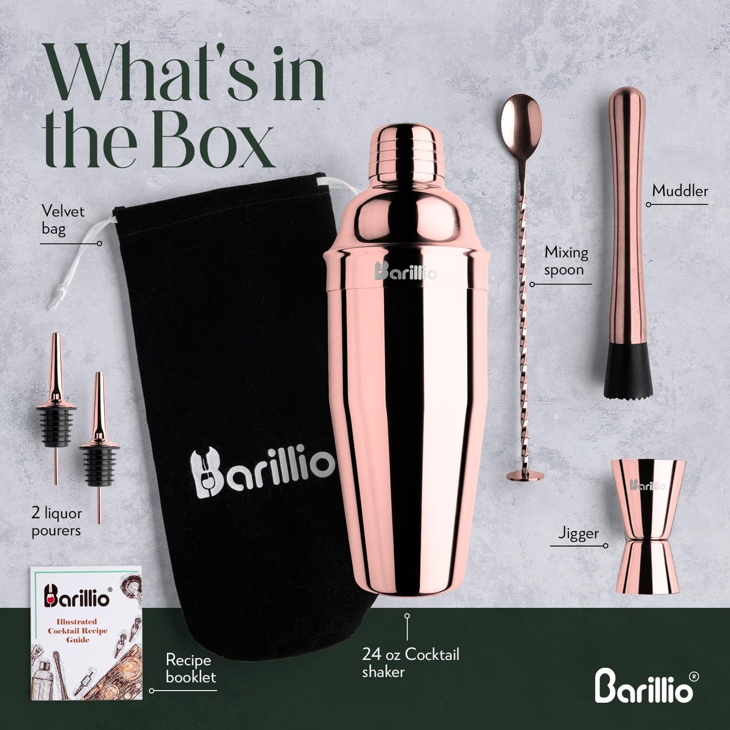 Rose Gold Mixology Bartender Kit - 8-Pc Stainless-Steel Travel Cocktail Shaker Set with Bag - Bar Tools W/Martini Shaker, Drink Mixer Spoon & Mojito Muddler - Bartending Kit