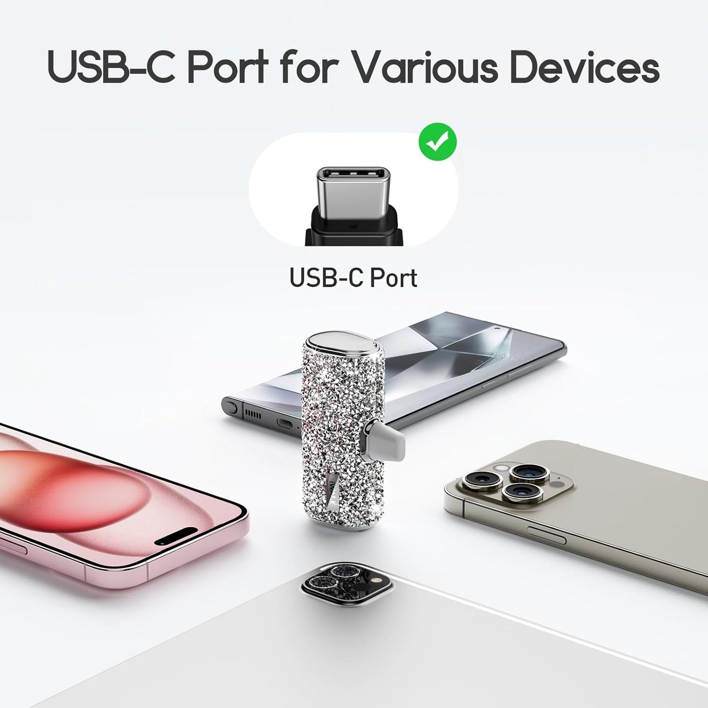 USB C Portable Charger, 4500Mah Ultra-Compact Small Power Bank, Sparkly Battery Pack Compatible with Iphone 16/16 Plus/16 Pro/16 Pro Max, Samsung Galaxy Z Flip5/4, S24, S23 Ultra, Silver